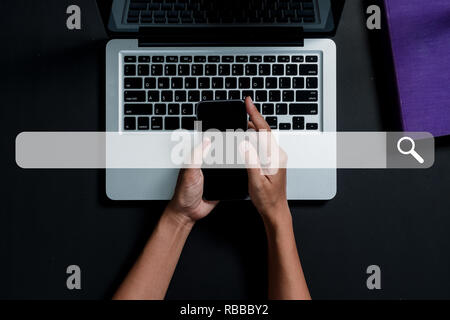 Searching browsing internet data information networking concept, Man working with smartphone background. Stock Photo