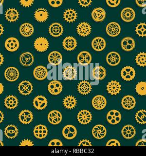Steampunk brass gears seamless pattern design victorian era cogwheels texture vector on green backdrop Stock Vector