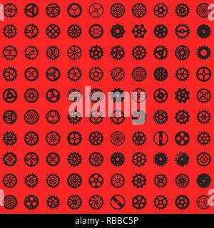 Creative steampunk seamless texture design. Clockwork gears vector infinite cogwheel pattern on red background Stock Vector