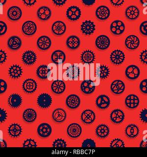 Creative modern steampunk digital paper design. blue clockwork gears vector seamless texture. Cogwheel pattern on red background Stock Vector