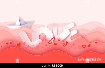 Valentines day card design template. Paper boat with hearts sailing over the waves and word LOVE. Coral red background. Eps10 vector illustration. Stock Vector