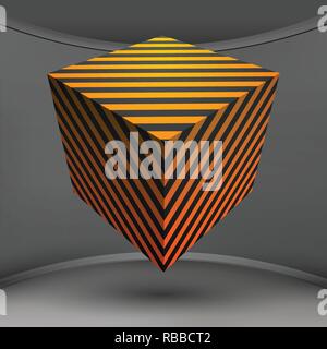 Yellow cube background. Graphic vector illustration. Abstract, geometric template. 3d line design. Striped backdrop. Digital wallpaper. Futuristic box. EPS 10 Stock Vector