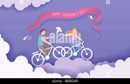 Valentines day card with couple riding bicycles over clouds on purple sky background. Vector paper art illustration. Paper cut and craft style. Stock Vector