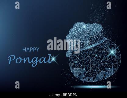 Happy Pongal greeting card with beautiful polygonal pot on blue background. Makar sankranti. Happy Lohri. Poster. Vector illustration. Stock Vector