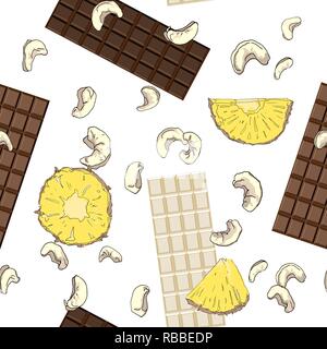 Seamless pattern with chocolate bars, pieces of pineapple and cashew nuts. Vector illustration Stock Vector