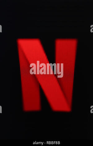 Netflix logo on screen, close-up Stock Photo