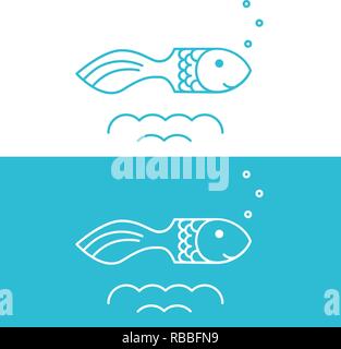 Vector drawing fish on blue and white background, logo for a  restaurant, bar, market, online store, website. Stock Vector