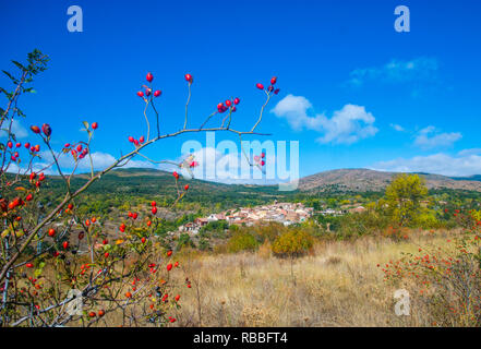 Overview of the village and landscape of Sierra del Rincon. Horcajuelo de la Sierra, Madrid province, Spain. Stock Photo