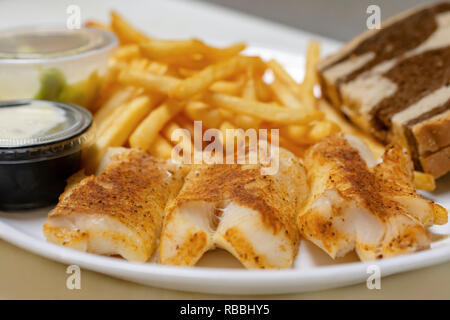 Bar food:  Baked fish plate with french fries, marbled rye bread, french fries, coleslaw, lemon wedges, and tartar sauce. Stock Photo