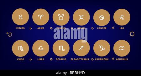 Vector signs of the zodiac in circles of golden color on a blue background. Astrological forecast, horoscope for a single sign. Logo, tattoo Stock Vector