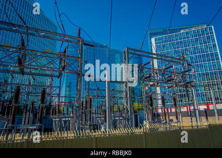 SANTIAGO, CHILE - OCTOBER 16, 2018: Electric substation, for the city of Santiago of Chile in a gorgeous sunny day and blue sky. Stock Photo