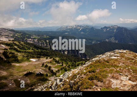 WASHINGTON - View over Pyramid Park, Van Trump Park, Paradise and the Tatoosh Range from the summit of Pyramid Peak in Mount Rainier National Park. Stock Photo