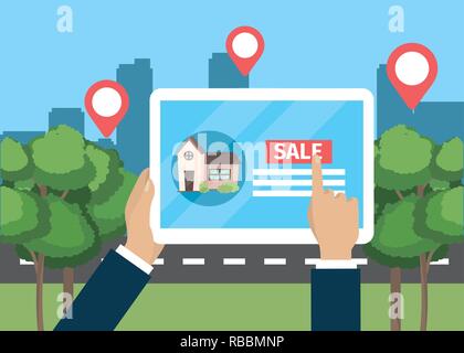 businessman hand with tablet house property to sale Stock Vector