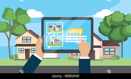 businessman hands with tablet to house sale property Stock Vector