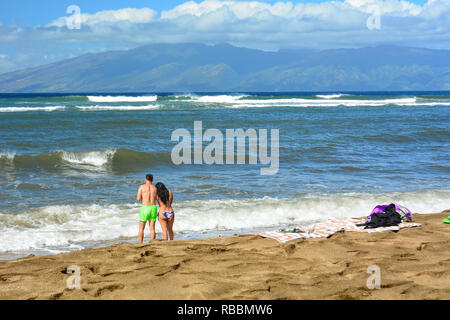 Romantic Honeymooners at Kahana beach in Maui, Hawaiian Islands Stock Photo