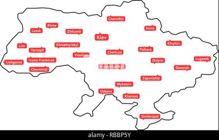 thin line ukraine map with regional centers Stock Vector