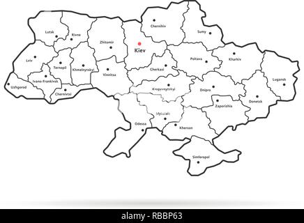 black thin line ukraine map regional centers Stock Vector