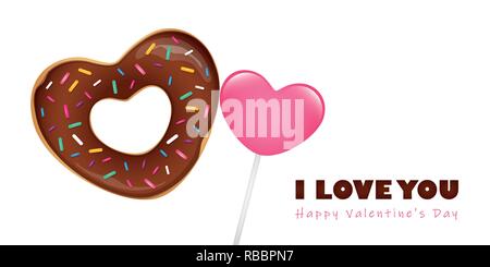 heart shaped sweet donut with sprinkles and lollipop valentines day greeting card vector illustration EPS10 Stock Vector