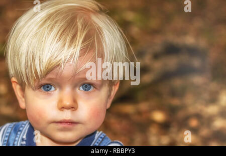A headshot portrait of a male toddler with blonde hair and blue eyes looking straight ahead Stock Photo