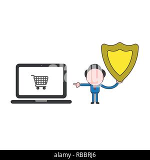 Vector illustration concept of businessman character holding guard shield and pointing shopping cart inside laptop computer. Color and black outlines. Stock Vector