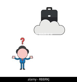 Vector illustration concept of confused businessman character with briefcase on cloud. Color and black outlines. Stock Vector