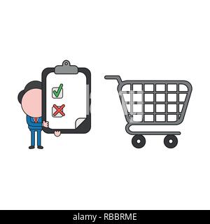 Vector illustration concept of businessman character with shopping cart and holding clipboard, check mark and x mark on paper. Color and black outline Stock Vector