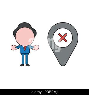 Vector illustration concept of businessman character with map pointer and x mark and showing hand stop gesture. Color and black outlines. Stock Vector