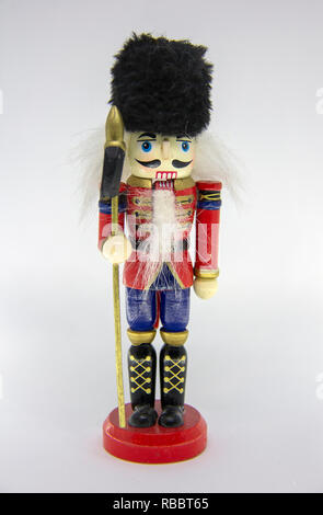 Vintage Christmas Decor Wooden Nutcracker on White Background Isolated. Stock Photo