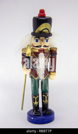 Vintage Christmas Decor Wooden Nutcracker on White Background Isolated. Stock Photo