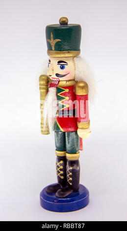 Vintage Christmas Decor Wooden Nutcracker on White Background Isolated. Stock Photo