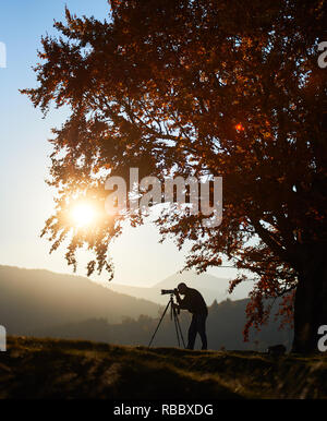 Tourist photographer using tripod and professional camera to take picture of mountain panorama at dusk and setting sun, standing under big tree on woo Stock Photo