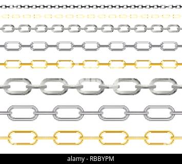 Naturalistic 3D Set of Chain of Gold, Silver and Steel Color. Vector Illustration. EPS10 Stock Vector