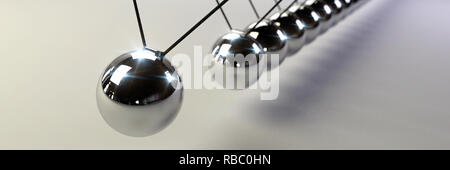 Newton's cradle, action and reaction concept, series of swinging spheres, device that demonstrates conservation of momentum and energy (3d illustratio Stock Photo
