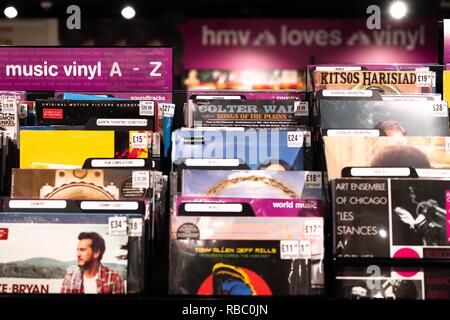 Vinyl records on sale in a HMV store in Cardiff, Wales, UK. Stock Photo