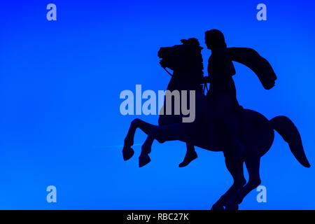 Statue of the famous king Alexander the Great at night, in the harbor of Thessaloniki Greece Stock Photo