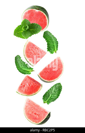 Flying sweet watermelon and mint isolated on white  Stock Photo