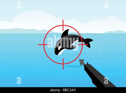 Hunter aimed his gun at killer whale, vector art design Stock Vector