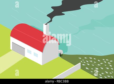 Bad factory make black smoke and water pollution, vector art Stock Vector