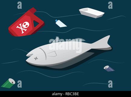 Water pollution make dead fish, vector art Stock Vector