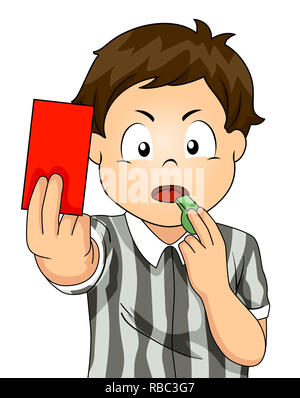 Illustration of a Kid Boy Referee Blowing a Whistle and Holding a Red Card Stock Photo