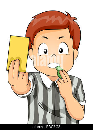 Illustration of a Kid Boy Referee Holding a Yellow Card Blowing a Whistle Stock Photo