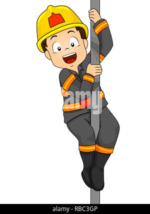Illustration of a Kid Boy Fireman Riding Down a Fire Pole Stock Photo -  Alamy