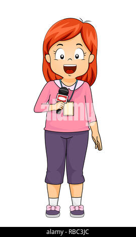 Illustration of a Kid Girl Wearing an ID, Reporting, Speaking While Holding a Microphone Stock Photo