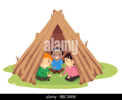 Illustration of Stickman Kids Playing Inside a Backyard Garden Teepee Stock Photo