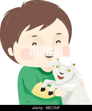 Illustration of a Kid Boy Hugging a Pet Goat in the Farm Stock Photo