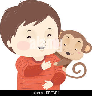Illustration of a Kid Boy with Pet Monkey Hugging From Behind Stock Photo