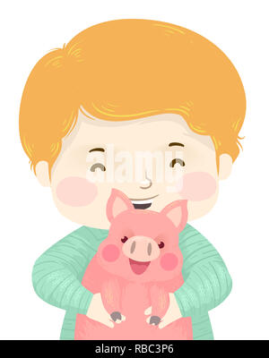 Illustration of a Kid Boy Hugging a Pet Pig Stock Photo