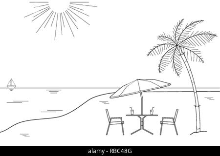 Black and white outline drawing of a striped beach umbrella and the two  wooden chairs on a white background, vector illustration Stock Vector Image  & Art - Alamy