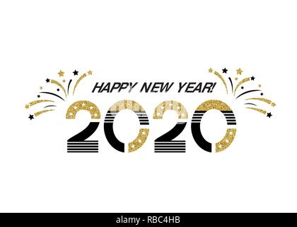 Vector 2020 Happy New Year sign with golden glitter texture. Illustration phrases with fireworks and Christmas stars Stock Vector