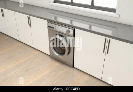 An interior of a very clean empty kitchen with a row of built in cupboards and a generic washing machine - 3D render Stock Photo